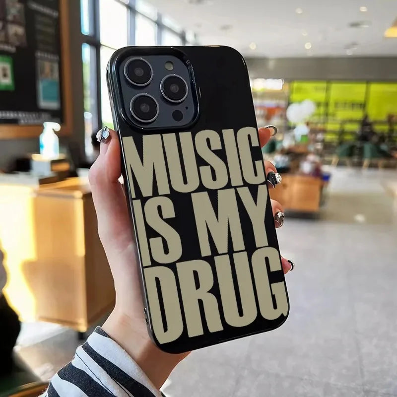 INS “Music Is My Drug” iPhone Case – Black Lucky Design (iPhone 11–16 Pro Max)