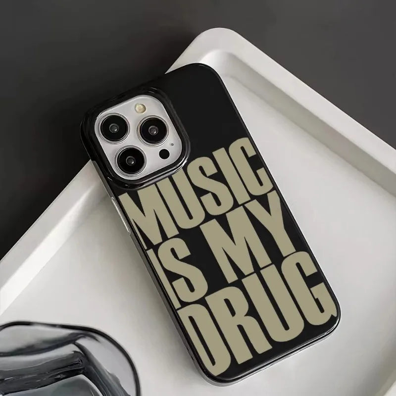 INS “Music Is My Drug” iPhone Case – Black Lucky Design (iPhone 11–16 Pro Max)