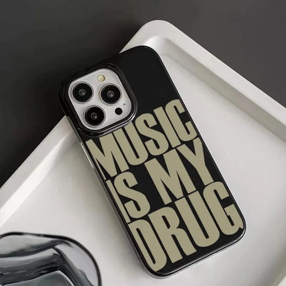 INS “Music Is My Drug” iPhone Case – Black Lucky Design (iPhone 11–16 Pro Max)