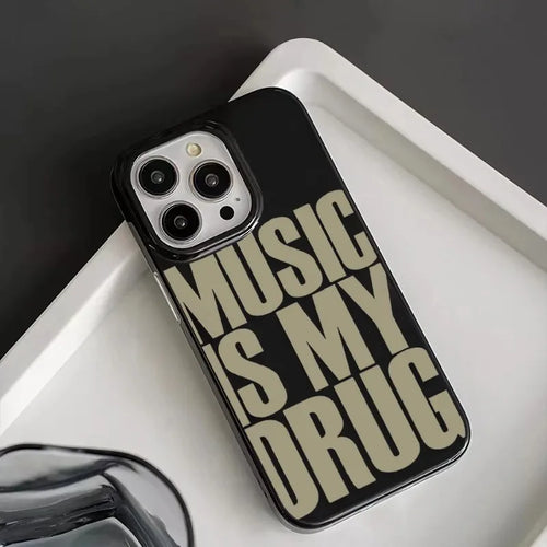 INS “Music Is My Drug” iPhone Case – Black Lucky Design (iPhone 11–16 Pro Max)