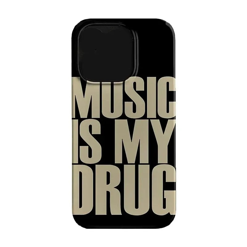 INS “Music Is My Drug” iPhone Case – Black Lucky Design (iPhone 11–16 Pro Max)