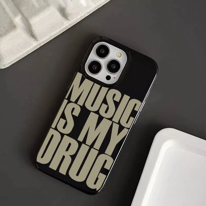INS “Music Is My Drug” iPhone Case – Black Lucky Design (iPhone 11–16 Pro Max)